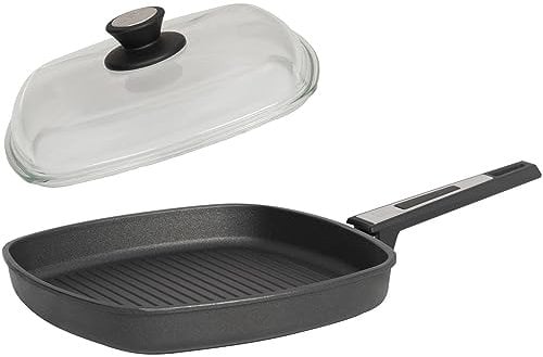 SKK große 2-tlg. Guss Grillpfanne 28x28 cm - Induktion - viereckige Aluguss Antihaft Steakpfanne mit gerippten Boden & Glasdeckel - Made in Germany