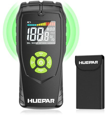Pinless Wood Moisture Meter, Huepar Non-Destructive Moisture Detector with 4 Measuring Modes Wall Moisture Sensor Meters Digital Humidity Tester with Backlit LCD for Firewood, Masonry, Drywall - M02