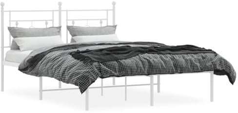 vidaXL Cadre de Lit Métal avec Tête de Lit, Lit Double avec Sommier à Lattes, Lit Adulte avec Pied, Meuble de Chambre, Moderne, Blanc 140x190 cm