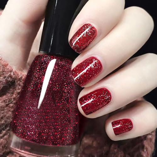 Glitter Nail Polish - Dark Red glitter nail polish, glitter Nail Varnish for Women Girls,Quick Dry&Long Lasting No Need Cure Nail Paint for DIY Nail Art Home Manicure (4#RED)
