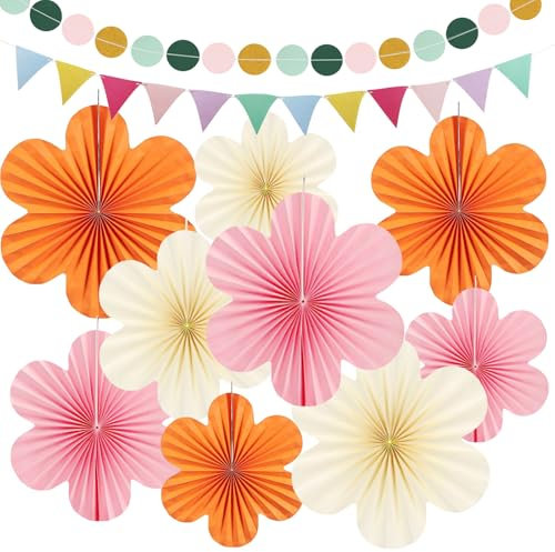 SIMDAO 11Pcs Paper Decorations Set, Paper Flowers Fans Decorations with String Polka Dot and Triangle Bunting Flags, Party Hanging Paper Fan Decorations for Birthday Parties Wedding Baby shower (Style 1)
