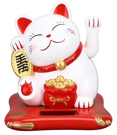 Cyrank Winkende Glückskatze mit Arm, solarbetriebene Winkekatze, Reichtum, einladende Katze, Glückskatzenstatue, Winkarm, Winkende Glückskatze, Winkekatze, Dekoration (White)