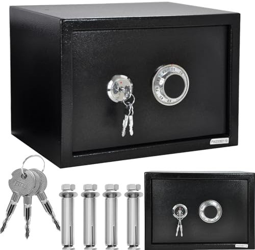 ALSTEN TECH Tresor Möbeltresor Safe Mechanisches Kombinationsschloss + Doppelbartschloss Schranksafe Geldschrank Schwarzer Wandtresor 35x25x25 cm 10 KG