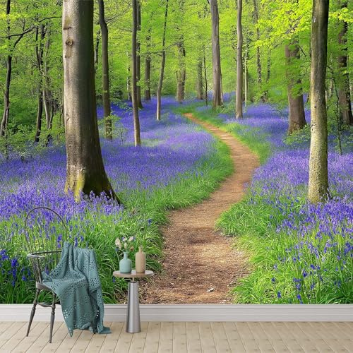 Bluebells Forest Path Wall Mural 300x210 cm, Woodland Nature Photo Wallpaper for Nursery Wall Decor, Room Decor Wall Covering
