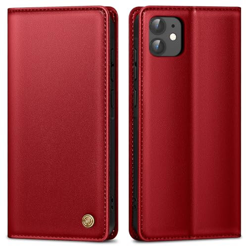 AIMOYU Premium Lederhülle Schutzhülle Tasche für iPhone 12/12 Pro - Wallet mit Kartenfach, Standfunktion, Klappbar Flip Case, Rot