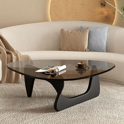 ZYFBD Table Basse Triangulaire en Verre Trempé et Bois - Design Moderne pour Salon - Plateau en Bois Massif - Meuble de Salon
