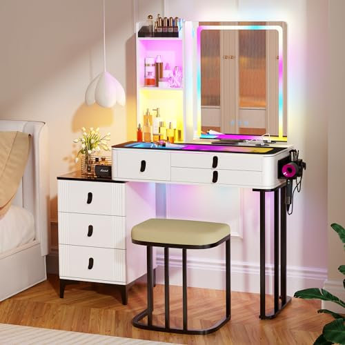 yoofun LED White Dressing Table With Mirror And Stool, Smart Makeup Desk with Charging Station, Modern Glass Top Vanity Table Set with 6 Drawers for Bedroom Ajustable light (White)