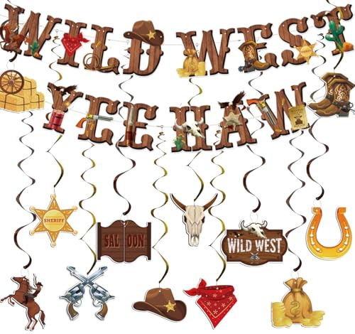 Fatiya Khaki Western Cowboy Partydekorationen, wilde Westen Banner Yee Haw Banner mit hängenden Wirbeln, Rodeo Western Party Dekor Deckenströme für Jungen Geburtstagszubehör Fotobank Requisiten