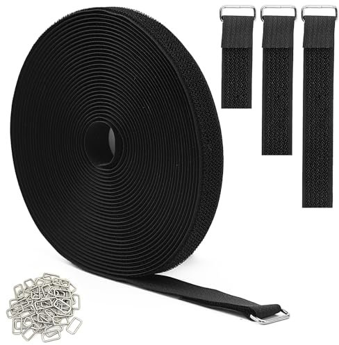 KINGLAKE Fascetta in da 10 m, con 50 fibbie in metallo, 2.5 cm, resistente, lunghezza di taglio libera, cinghia per esterni, richiudibile, colore nero