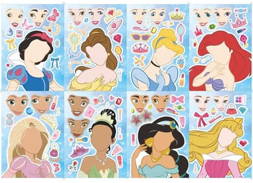 16 PCS Princess Stickers for Kid, Cartoon Theme Make a Face Art Craft Birthday Decorations, Make Your Own Sticker for Party Goodie Bags, Princess Party Supplies Favours