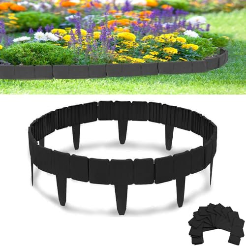 Rasenkante Kunstoff, 10m Flexibler Steinoptik Beeteinfassung, 40 Stücke PP Beetumrandungen Mähkante, Rasenkanten Steinoptik Palisade für Blumen Gartenzaun Decorativ, L 25 x H 23 cm - Nero