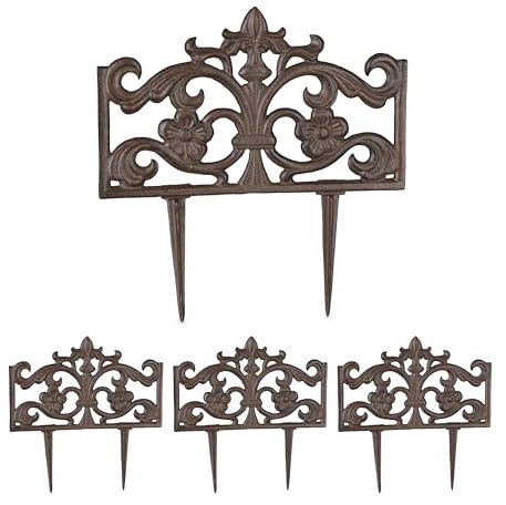 Relaxdays Beetzaun, 4 Zaunelemente, Gusseisen, H x B: 37 x 36 cm, Vintage Design, Beetumrandung zum Stecken, braun