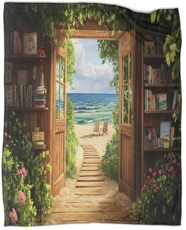 kaiyun Offene Holztüren führen zum Strand Fleecedecke,weich Und Bequem,3D-gedruckt Holzhaus, Bücherregalpflanzen Teenager,Bedruckte Decke Erwachsene,geeignet Für Bett Und Sofa,60x80inch(150x200cm)