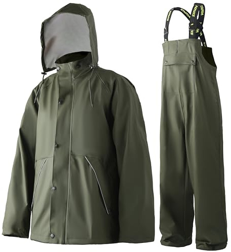 Traje lluvia hombre PU impermeable resistente con peto y capucha(Green,XL)