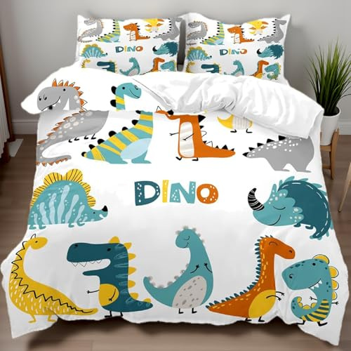 BDKCYO Cartoon Dinosaurier Bettwäsche Set,Bunte Dinosaurier Motiv Druck für Kinder Jungen Mädchen mit kopfkissenbezug und Reißverschluss (135x200cm, B)
