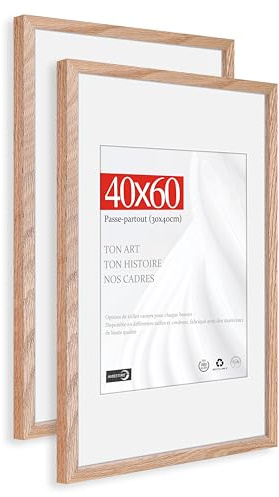 HIMEETIME® 2x Cadre Photo Bois Сhêne 40x60cm,Cadre avec Verre Acrylique Transparent 40 x 60 cm,Grand Tableau 40x60 - Avec passe-partout -30x40 cm - À suspendre/à poser pour photos/affiches/collages