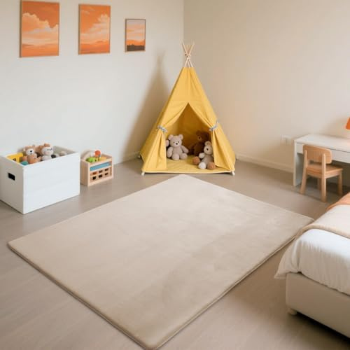 SETHEPACE 3CM Dicker Spielteppich Krabbelmatte Baby, Kurzflor Teppich Wohnzimmer, Schlafzimmer, Kinderzimmer Hellbraun 150x200 cm, Weicher Spielmatte Kinder, Tatami Matte