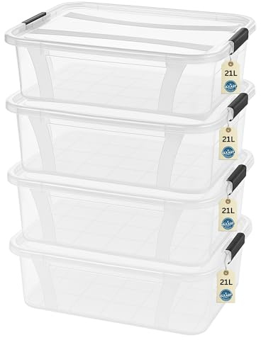 Aufbewahrungsboxen 4x 21Liter mit Deckel, lebensmittelecht - Verschlussclips - 100% Neumaterial Plastik-Box transparent - Kleiderboxen stapelbar & HLKauf-Block