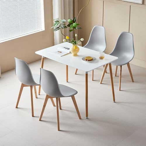 DEYARNA HOME Esstisch mit 4 Stühlen Set - Tisch 110x70x74cm (MDF-Platte + Buchenholzbeine) & Stühle mit PP-Sitz und Buchenholzgestell, Skandinavisches Design (Grau-CZ)