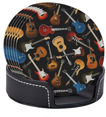 Gitarren-Untersetzer, 6er-Set, Getränkeuntersetzer aus Pu-Leder, runde Untersetzer für Bars als Heimdekoration
