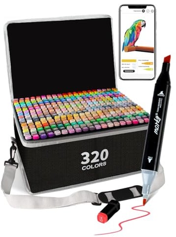HornedDragon 320 Farben Alkohol Marker mit App, Doppelspitze Alkoholmarker | Meißel & Feine Spitze | Farbcode | Mischbar | Schnell trocknend | Alcohol Marker für Design, Malerei, Manga & Illustrationen
