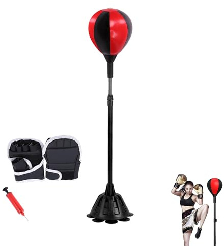Bola de Boxeo con Soporte Ajustable, Saco de Boxeo Vertical, Base Fija, Incluye Guantes, Inflador y Destornillador. Pelota de PU de Alto Rebote. Entrenamiento en Casa Ideal para Niños y Adultos.