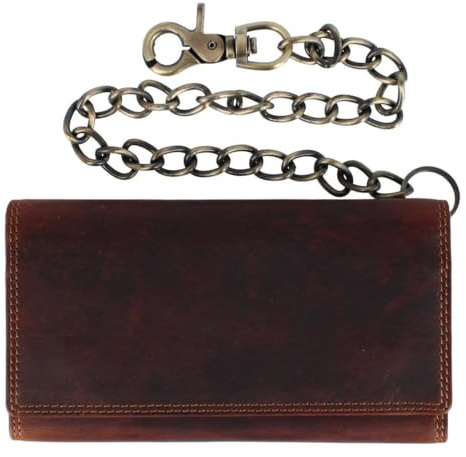 CTM Men's Crazy Horse Leather Long Trifold Chequebook Chain Wallet, Brown