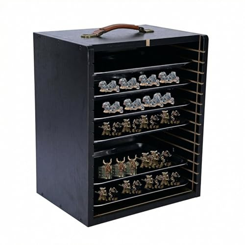 Miniatur-Tragetasche aus Holz mit Ablagen für Actionfiguren | mit 6 Tabletts & Griff Holz Vitrine Schutzbox Transportbox für Actionfiguren Koffer Schwarz