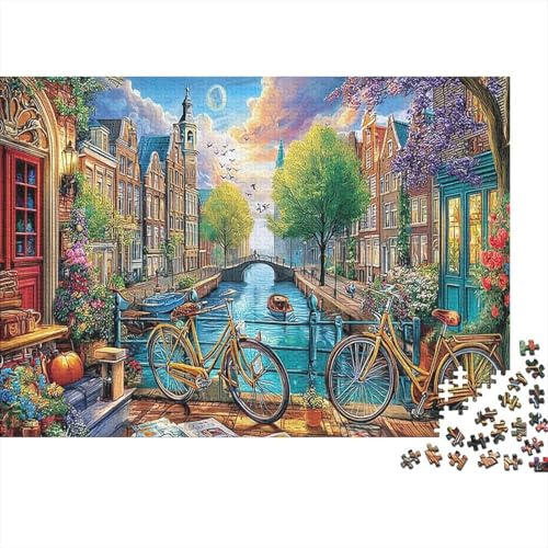Grachten von Amsterdam Puzzle 1000 Teile für Erwachsene | Herausforderndes Lehrspiel Fahrräder am Kanal in der Stadt Tolle Geschenkidee 52x38cm/1000tlg