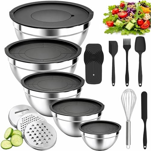 Nifogo Rührschüssel Edelstahl mit Deckel 5+14 Set | Stapelbar, Schüssel Salatschüssel mit Deckel & 3 Reibe, 3,3L/2,5L/1,9L/1L/0,7L, für Küche Mischen Backen
