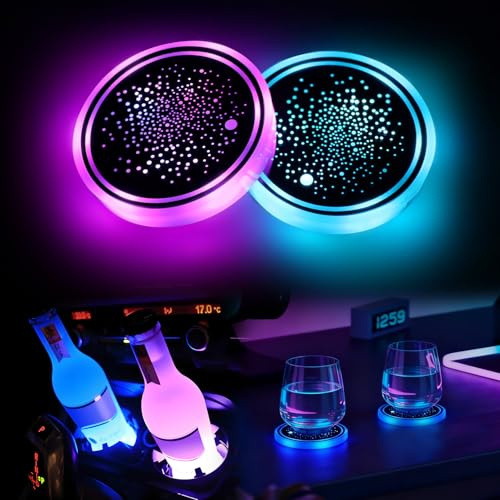 GSOWO Auto LED Untersetze, USB Lade Autotassenhalter Becherhalter Lichter, [7 Farben] [Galaxiensterne-Muster] Auto Getränkehalter Lichter für Zuhause/Party/Dekoration Atmosphäre Licht, 2 Stück