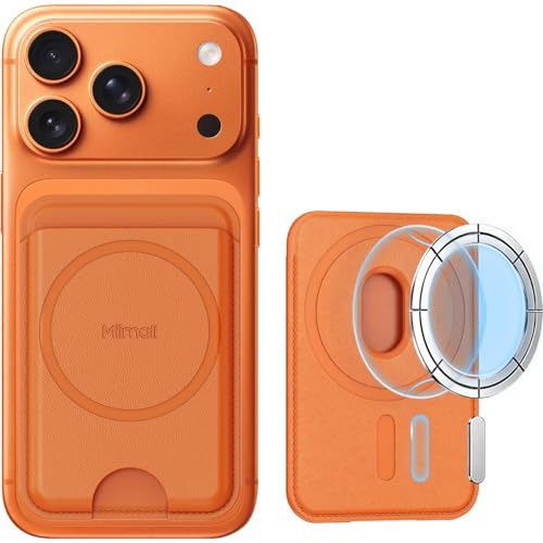 Miimall Kompatibel mit iPhone 17 Pro Max Mag-Safe Wallet, [RFID Schutz][Beidseitig Magnetring][2-3 Karten] Dünn Leder Kartenhalter Handy Magnetisch Wallet für iPhone 17/Google Pixel Serie-Orange