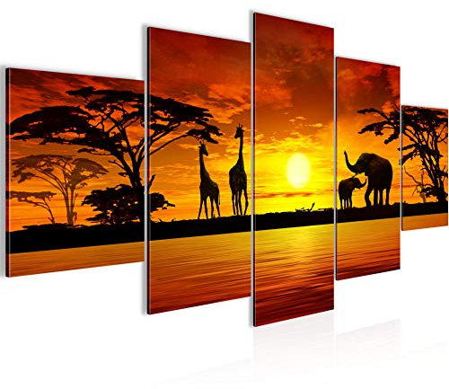 Runa Art Bild Wohnzimmer Schlafzimmer Afrika Sonnenuntergang 5 Teilig Savanne Grau Orange Wandbilder auf Vlies Leinwand 000253a