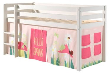 Spielbett Pino mit Textilset VorhangSpring, Kiefer Massiv weiß Lackiert