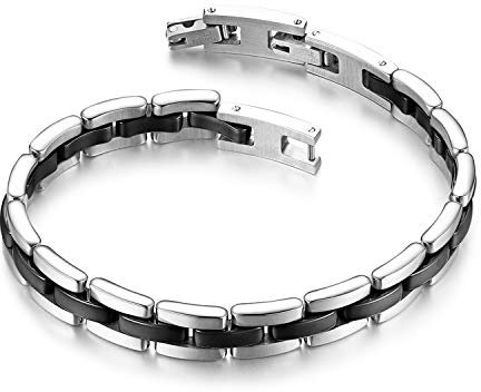 Flongo Keramik Armband Herren schwarz: Porzellan silber Damen Pärchen Edelstahl Armbänder Armreif Armkette dünn für Frauen Männer Paar