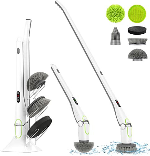 GOOD PAPA Estropajo giratorio eléctrico, limpiador de ducha para limpieza con 6 cepillos de limpieza reemplazables y 2 velocidades, cepillo de limpieza eléctrico de ducha con mango largo para bañera,