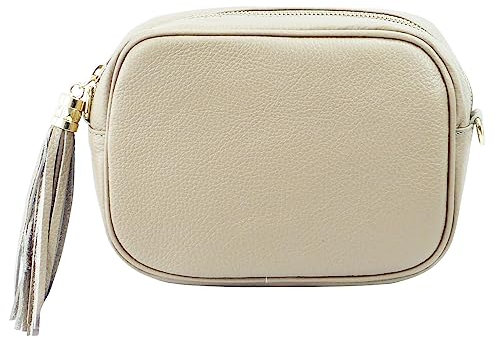 SH Leder Echtleder Umhängetasche mittel kleine Tasche Abendtasche Clutch Crossbody Bag Messenger Handtasche mit Reißverschluss 21x15cm Chiara G209 (Beige)