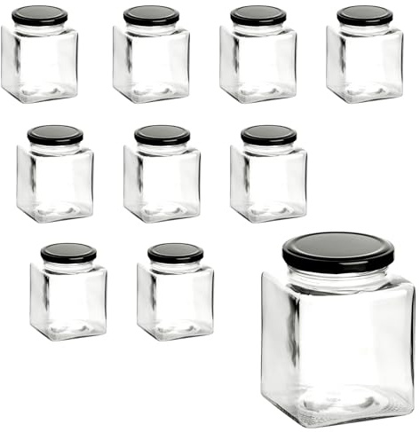gouveo 10er Set Einmachgläser 380 ml eckig mit Schraub-Deckel schwarz - Große Vorratsgläser mit Drehverschluss - Eckige Aufbewahrungsgläser (EGET380SZ)