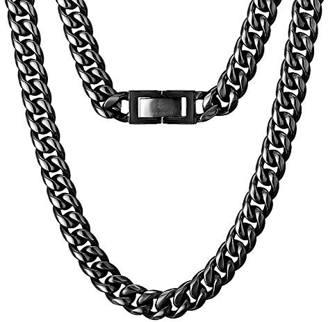 KRKC&CO 10mm Panzerkette Schwarzgold beschichte Cuban Link Chains Edelstahl Panzerkette Halskette kubanische Gliederkette für Herren Silbrige Halskette Hip Hop Halskette für Männer Größe 50,8m