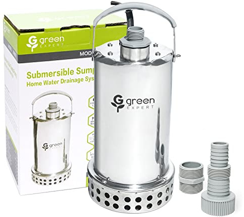 Green Expert 1HP Submersible Sump Pump, 4000GPH Full 304 Stainless Steel Manual Utility Pump with Adapter Kit, Oil-Free Top Discharge Water Removal for Basements, Pools, Hot Tubs & Drainage Pits