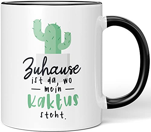 JUNIWORDS Tasse, Zuhause ist da, wo Mein Kaktus Steht, Wähle Farbe, Schwarz