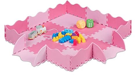 Relaxdays Puzzlematte 25-teilig, Eva Schaumstoff, schadstofffrei, 0,77 m², Spielmatte mit Rand, Kindermatte, rosa-pink