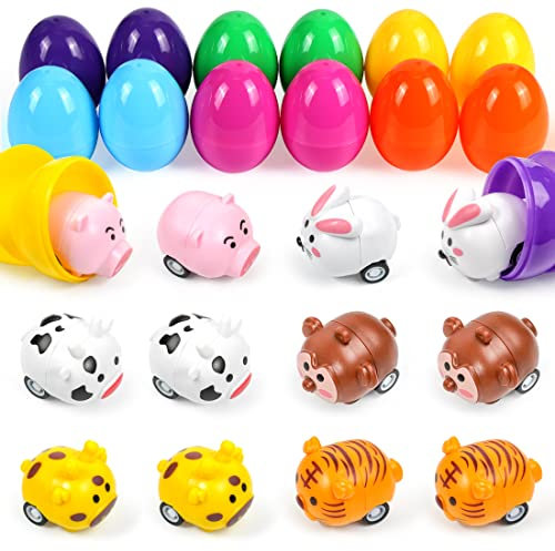 Gefüllte Osterei Spielzeug, 12 Bunte Ostereier zum Befüllen, Ostern Surprise Ostereier mit Mini Hase Spielzeugauto, Hasenspielzeug im Osterei, Osterkorb Füllstoffe, für Ostern Partyzubehör