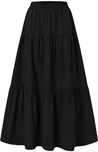 Women's Vintage Elastic Waist A-Line Long Midi Skirt Solid Color Pleated Big Hem Basic Flared Long Skirts (Black, X-Large)