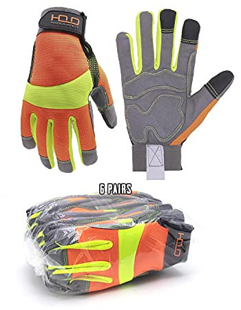 HANDLANDY Hi-vis Anti-Vibrations-Arbeitshandschuhe, reflektierend, Touchscreen, flexible Spandex-Rückseite, Größe M, Orange (6 Paar)