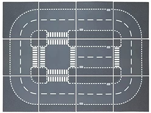 LEAFYIP 12 Platten Set Stadt Strassen Grundplatte, 25.5 * 25.5cm Städte Straßenplatten 100% Kompatibel mit Meisten Marken (4 Kurve/3 Gerade/1 Kreuzung/4 T-Kreuzung)