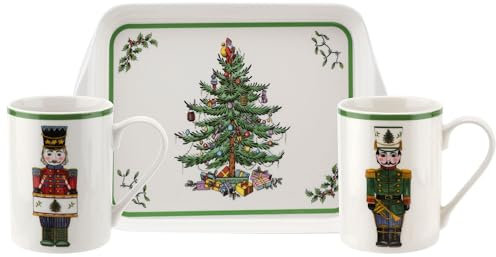 Spode – Christmas Tree Nutcracker Mugs and Tray, 3-Piece Set, Holiday Breakfast Tray, 10-Ounce Coffee Mug, Made of Porcelain and Melamine, Dishwasher Safe