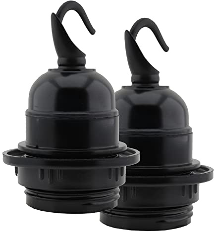 Art Deco Emporium Twin Pack E27 Lampholder in Black Bakelite with Shade Ring and Deco Styled Chain Hook for Hanging Light Fittings, Black Ceiling Light Fitting or Pendant Light Fitting