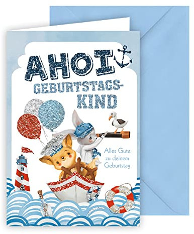 KE - Maritime Glitzernde Geburtstagskarte für Kinder, DIN B6 Klappkarte inkl. Umschlag, Hochwertige Karte zum Geburtstag für Mädchen und Jungen, Motiv: Leuchtturm und Boot mit Tieren