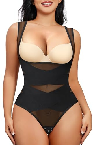 Nebility Thong Shapewear Bodysuit for Women Tummy Control Body Shaper Faja Seamless Waist Trainer Corset Stomach Girdles(Large,Black Thong)